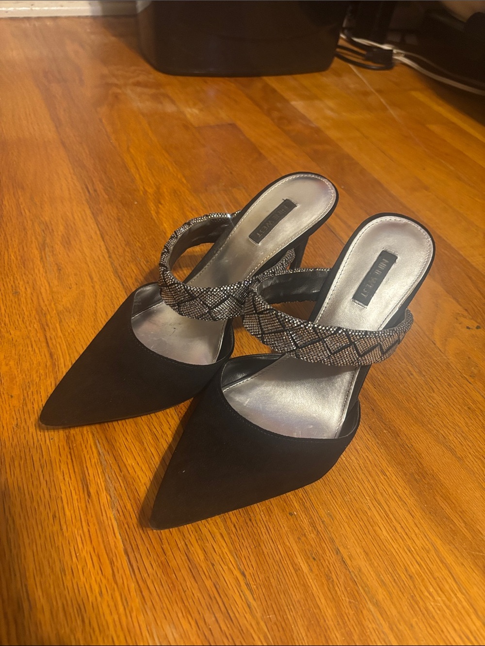 Nine West Black Pointed Mules with Beaded Crisscross Strap
